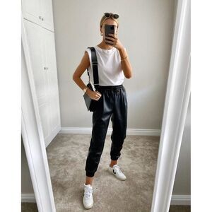 NWOT Zara black faux leather high waisted rise drawstring tapered jogger pants